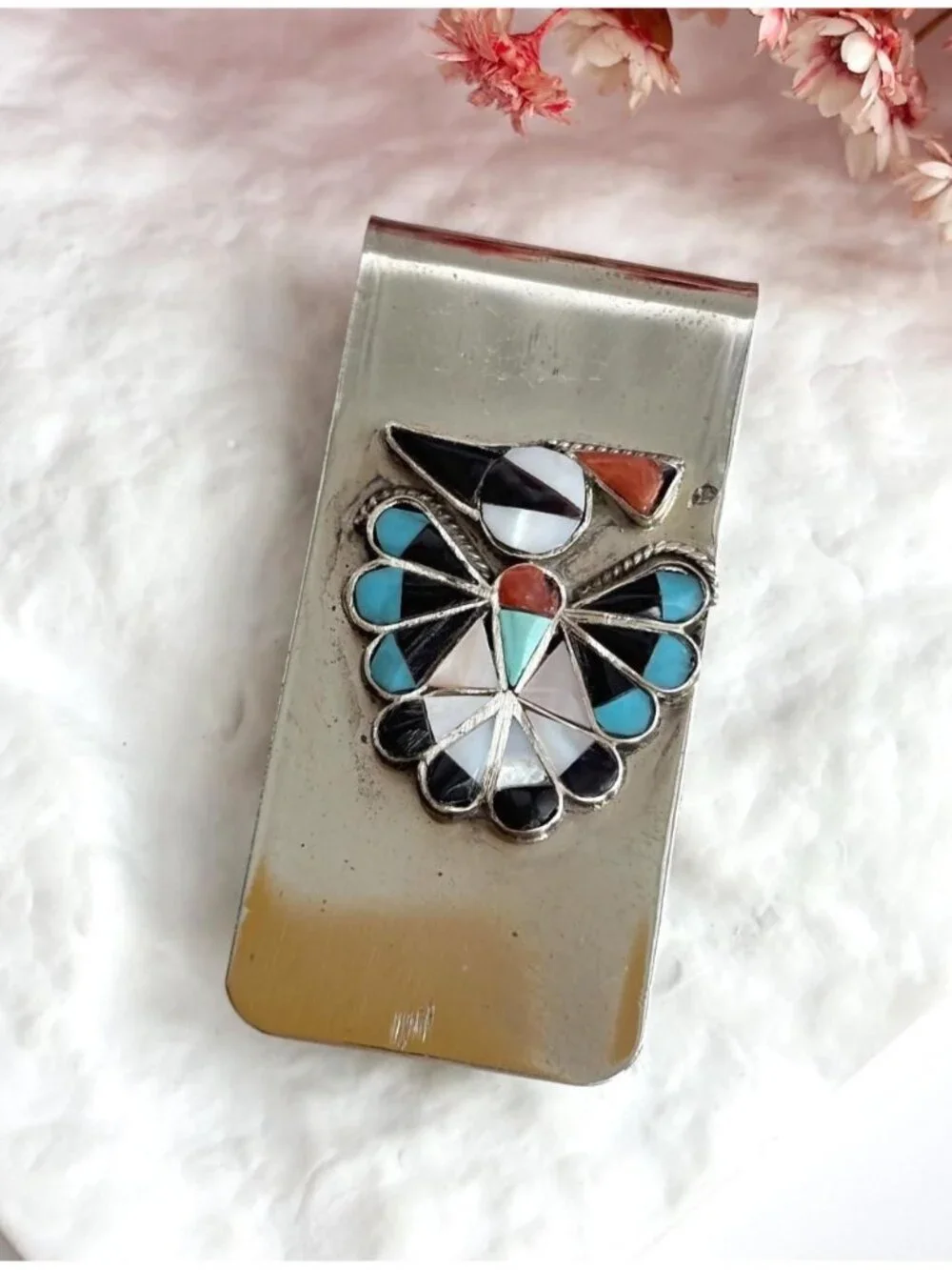 Thunderbird Figural Stone Inlaid Southwest Vintage Stainless Steel Money Clip